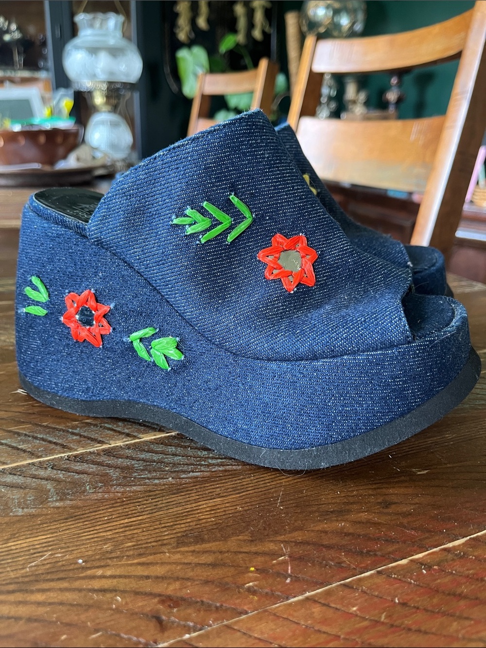 Vintage Y2K Stone Ridge Italy Denim Platform Mules Embroidered Floral